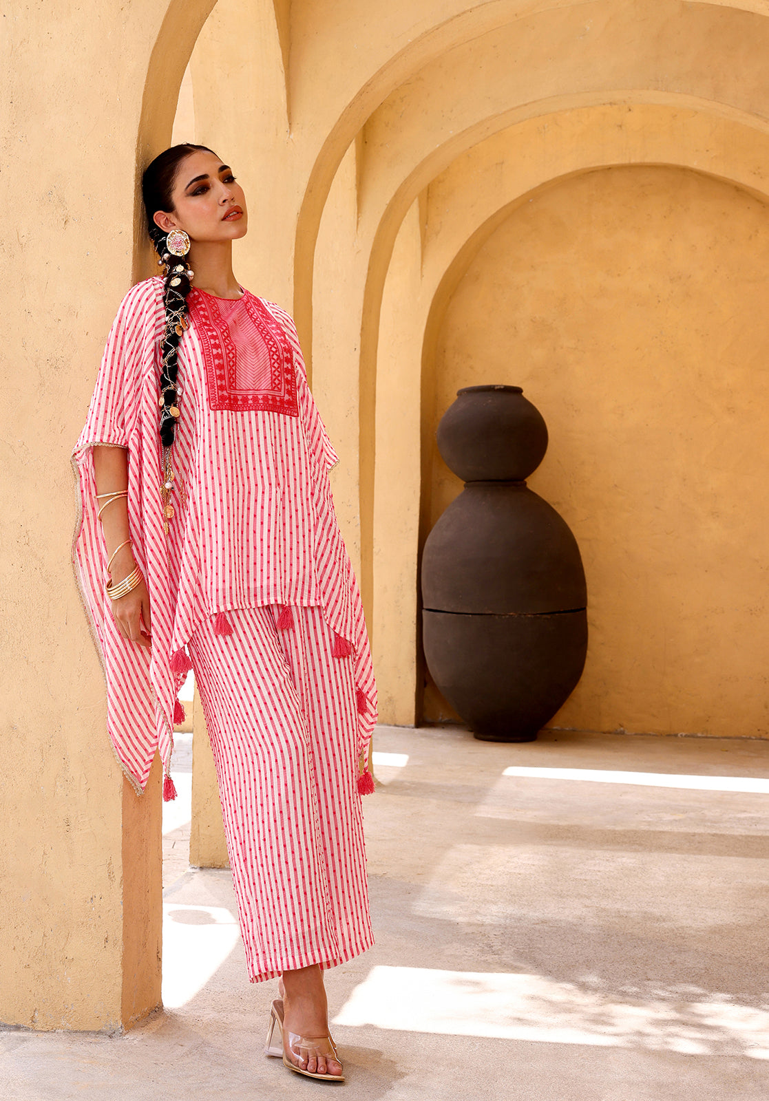 Striped Embroidered Georgette Round Neck Pink Co-ord Set