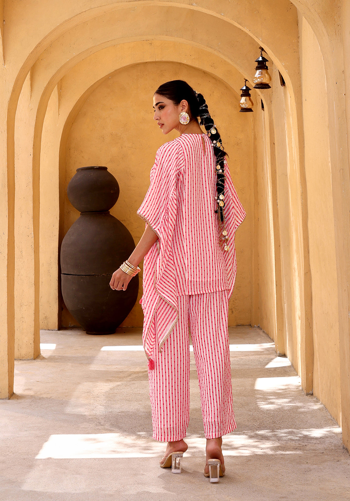 Striped Embroidered Georgette Round Neck Pink Co-ord Set