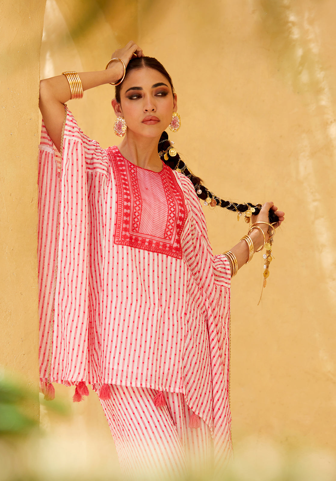 Striped Embroidered Georgette Round Neck Pink Co-ord Set