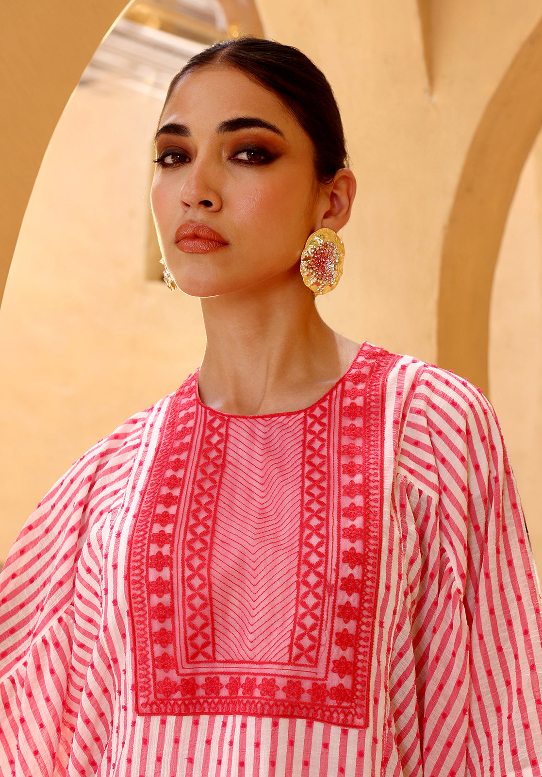 Striped Embroidered Georgette Round Neck Pink Co-ord Set