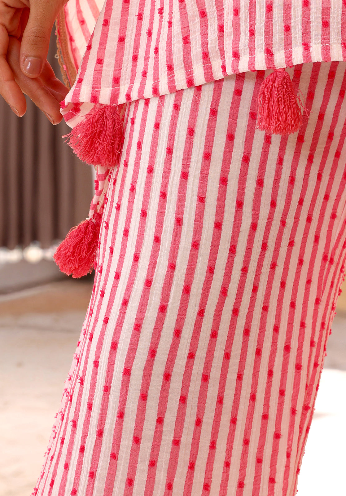Striped Embroidered Georgette Round Neck Pink Co-ord Set