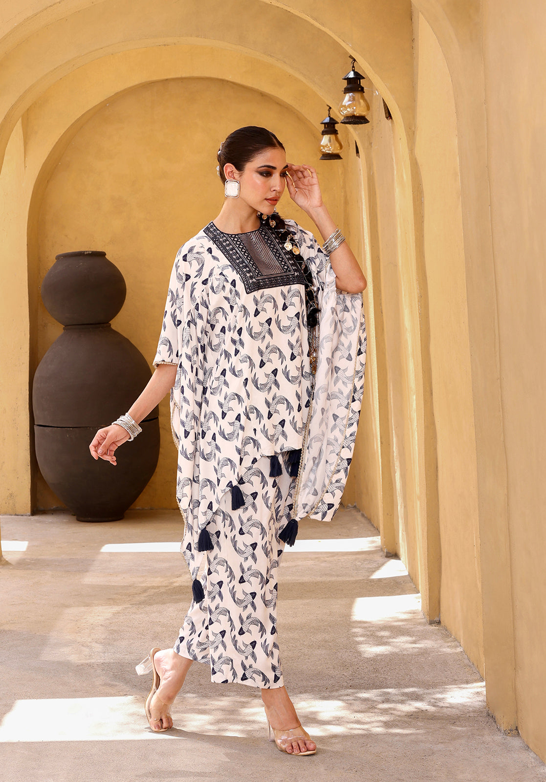 Printed Polycotton 3/4 Sleeves Round Neck Off-White Co-ord Set