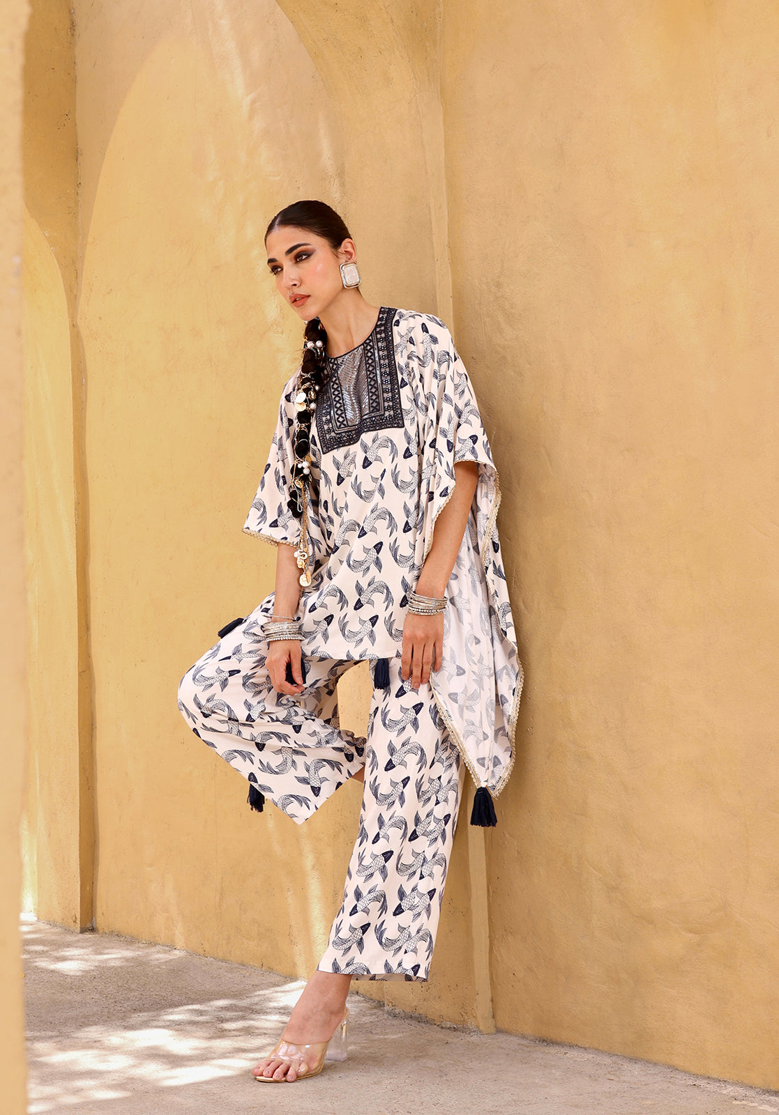 Printed Polycotton 3/4 Sleeves Round Neck Off-White Co-ord Set