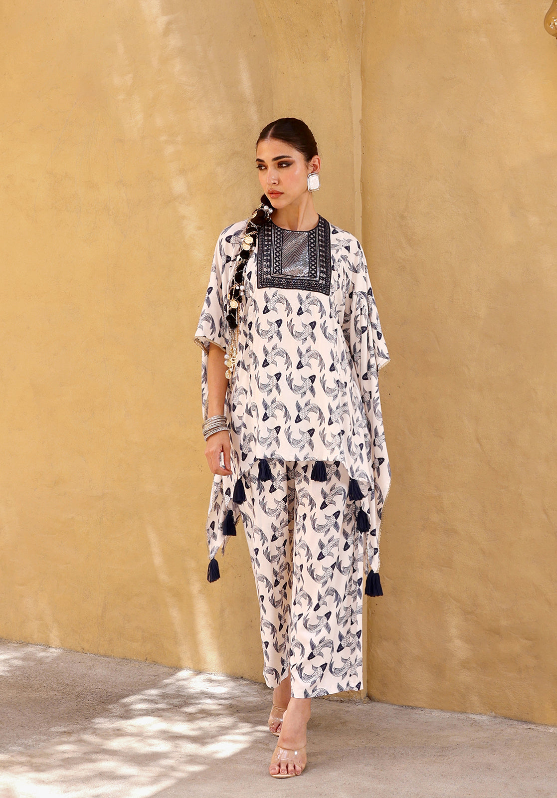Printed Polycotton 3/4 Sleeves Round Neck Off-White Co-ord Set