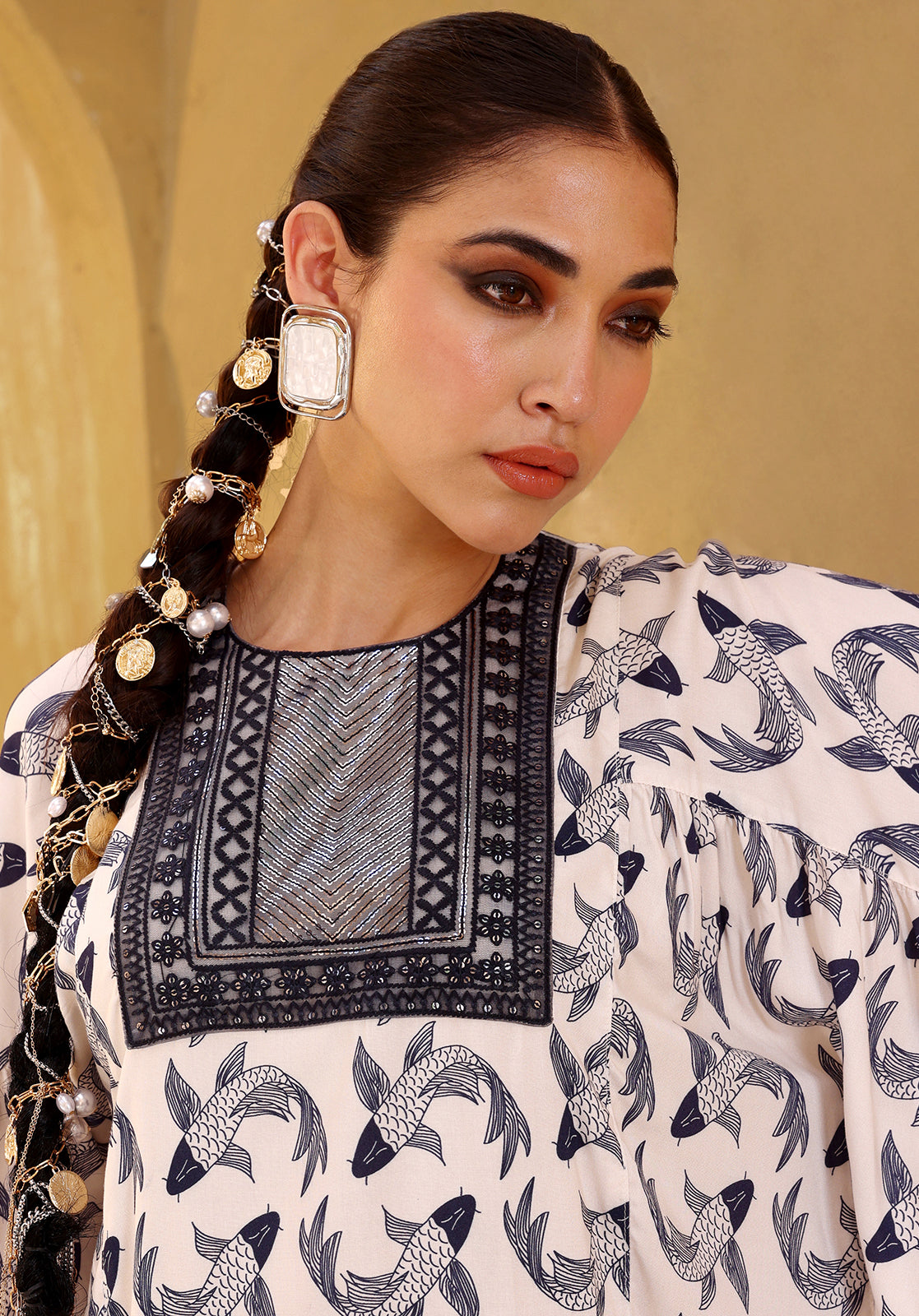 Printed Polycotton 3/4 Sleeves Round Neck Off-White Co-ord Set