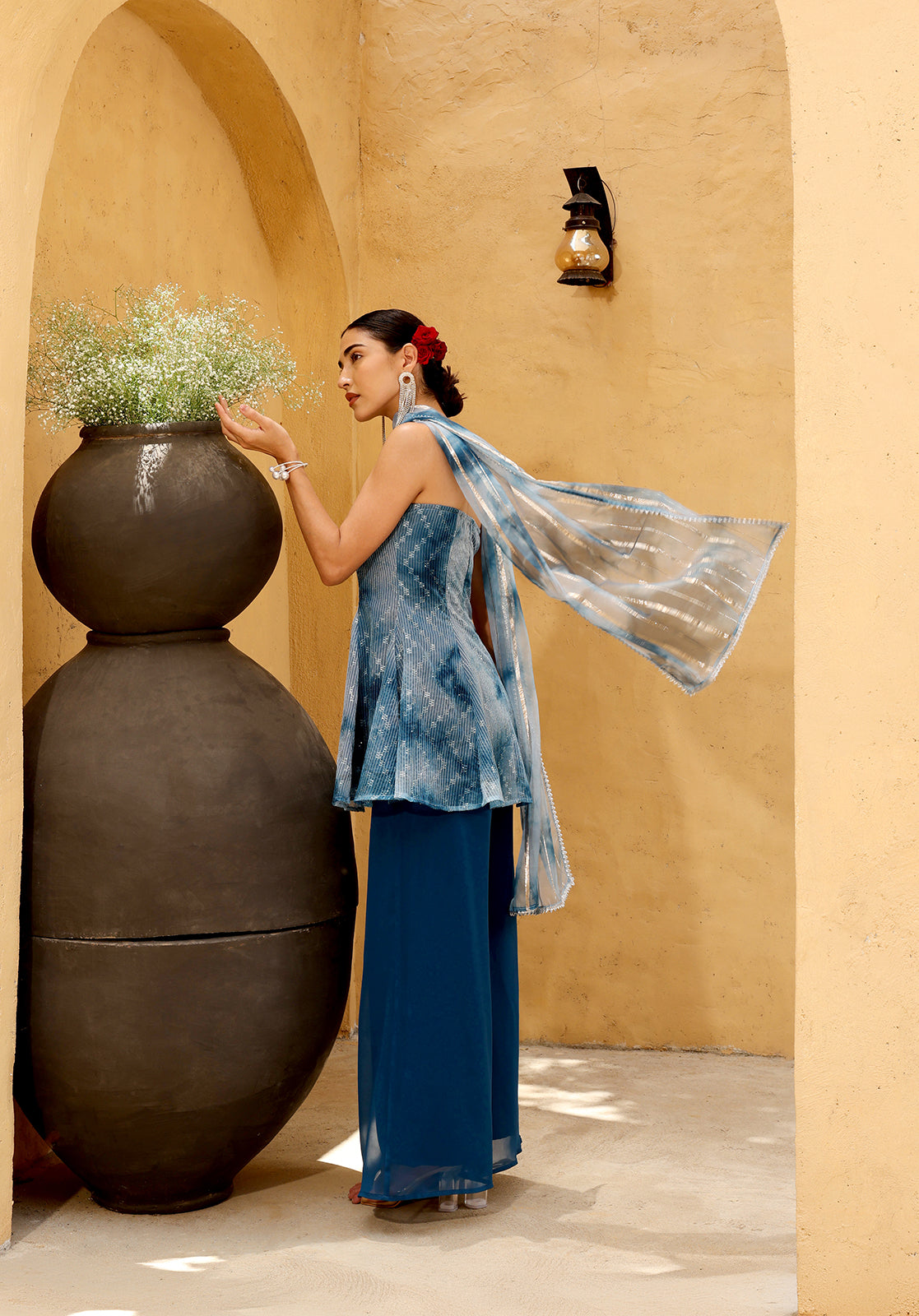 Tie & Dye Poly Georgette Strapless Sleeveless Blue Co-ord Set