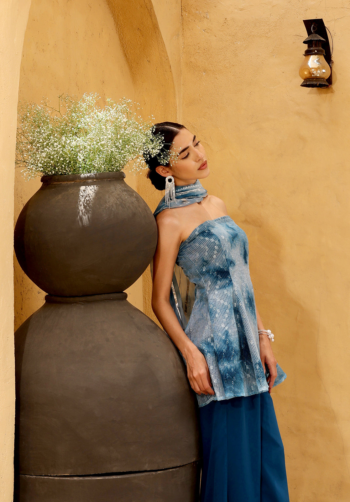 Tie & Dye Poly Georgette Strapless Sleeveless Blue Co-ord Set