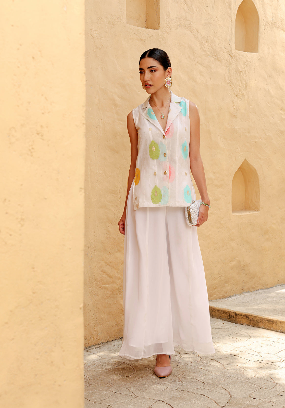 Ethnic Motifs Woven Design Sleeveless Shirt Collar White Co-ord Set
