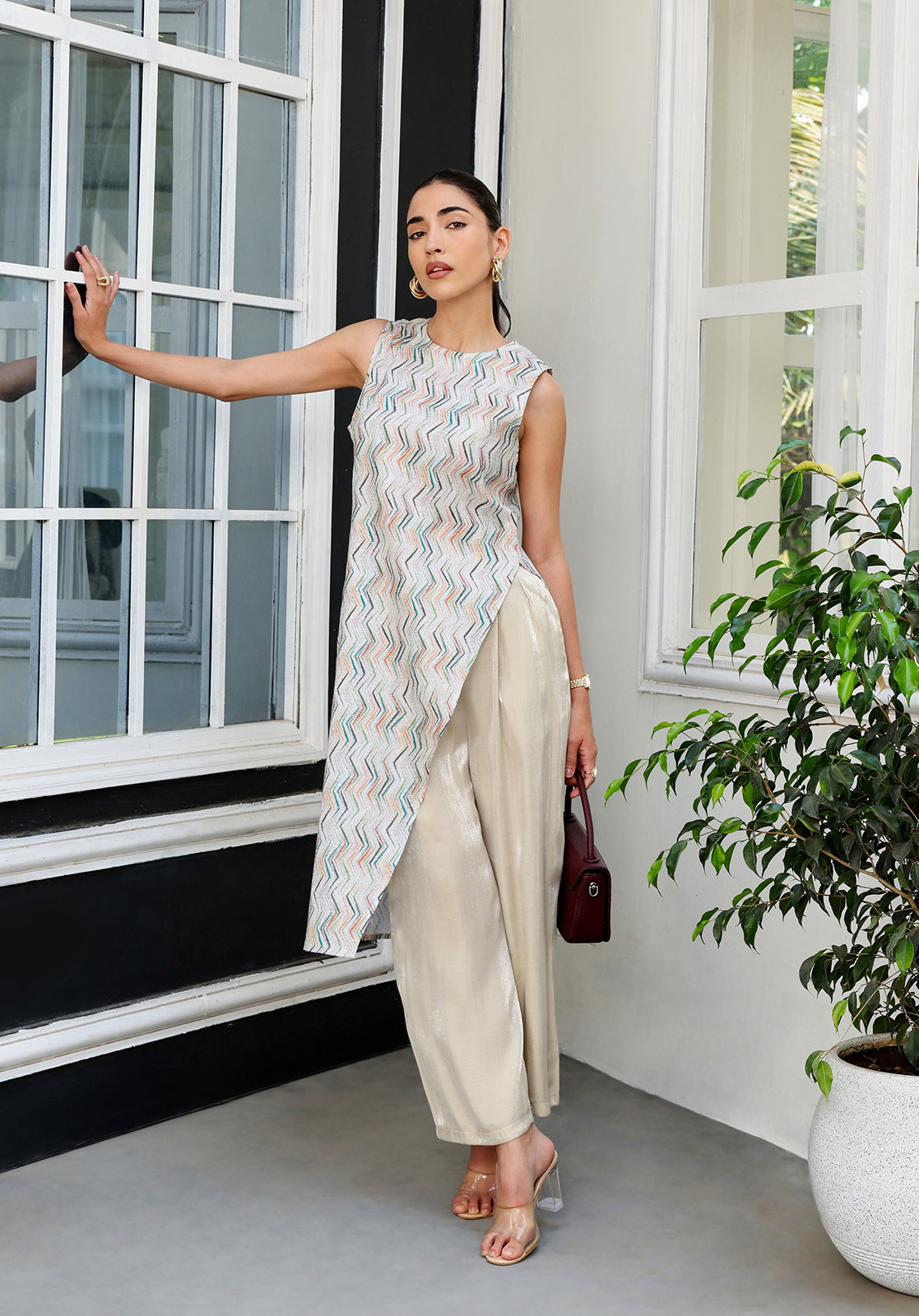 Off-White Polyblend Asymmetric Kurta & Palazzos Set