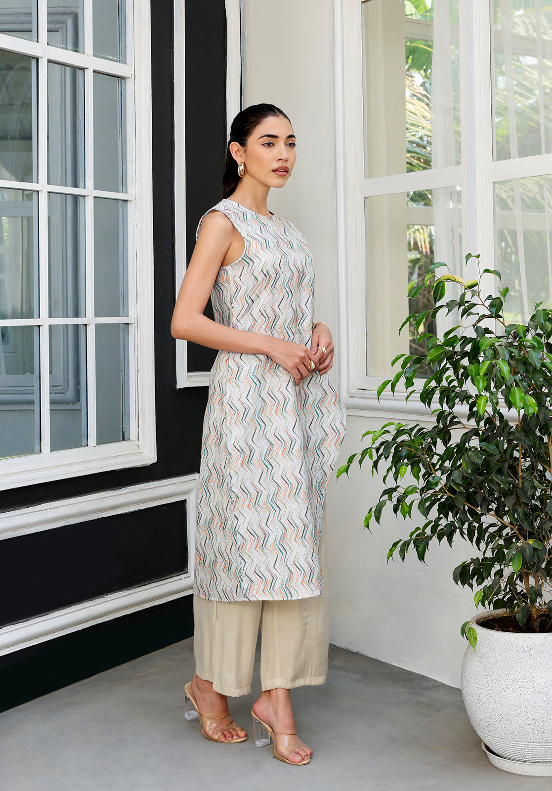 Off-White Polyblend Asymmetric Kurta & Palazzos Set