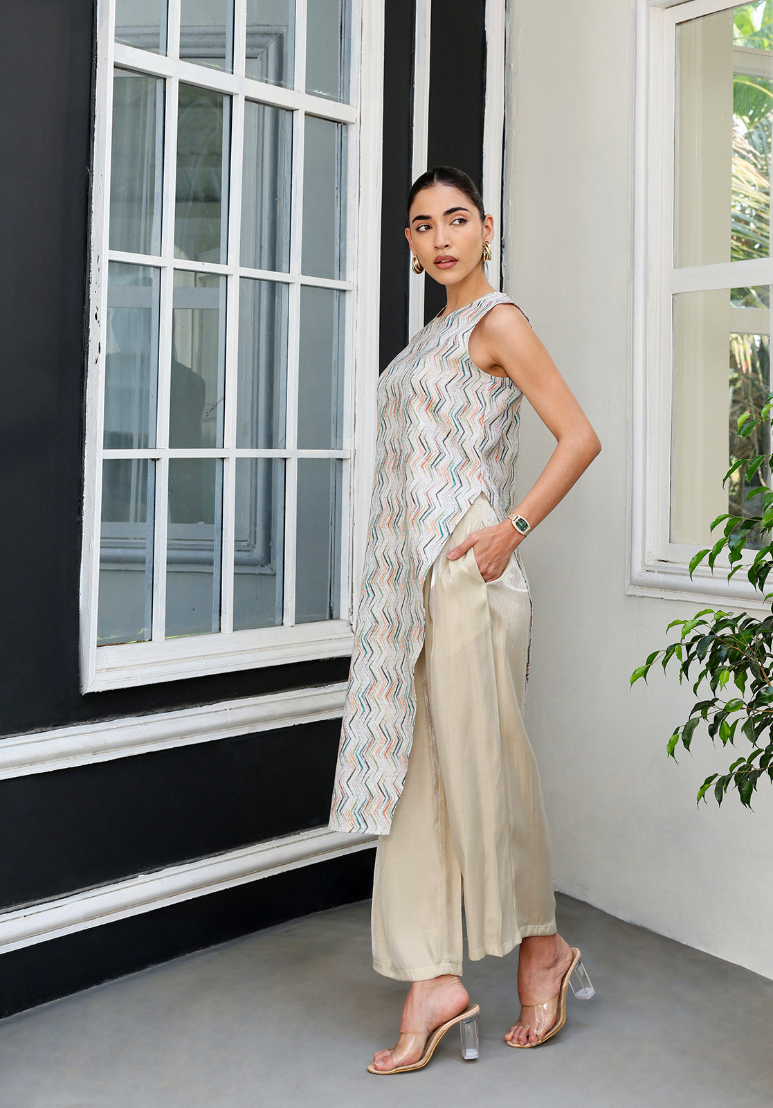 Off-White Polyblend Asymmetric Kurta & Palazzos Set