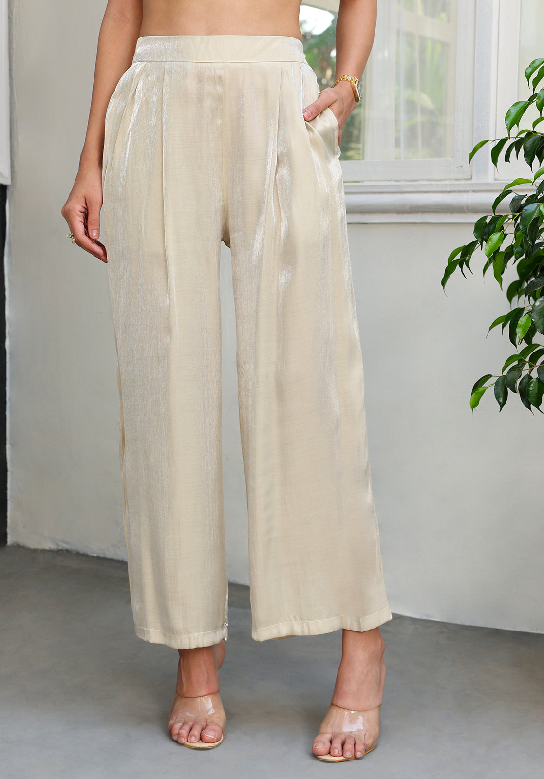 Off-White Polyblend Asymmetric Kurta & Palazzos Set