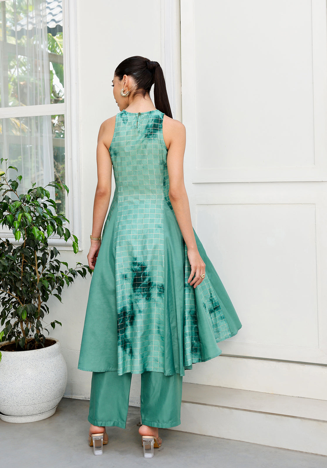 Green Polyblend Asymmetric Kurta with Trousers