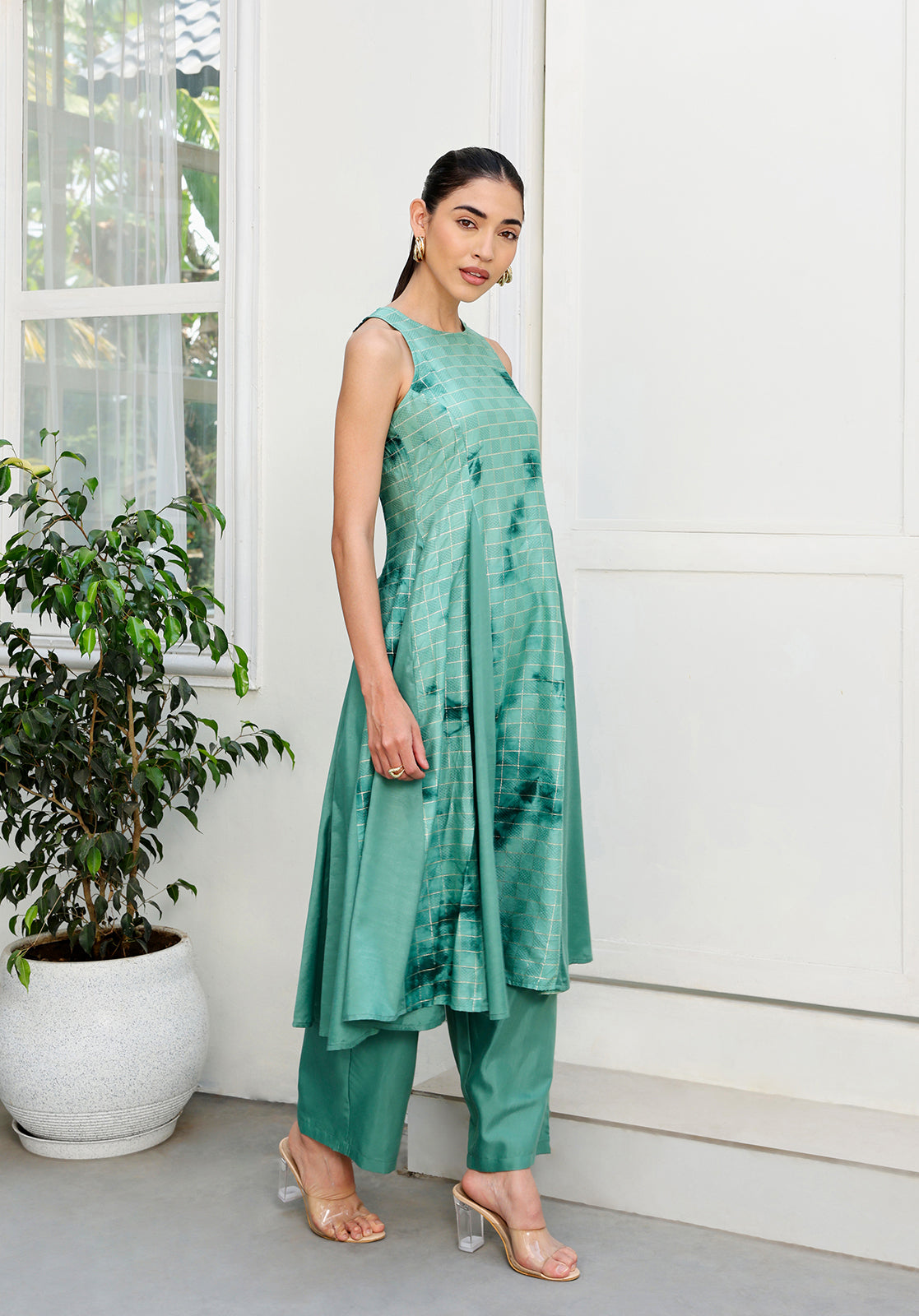 Green Polyblend Asymmetric Kurta with Trousers