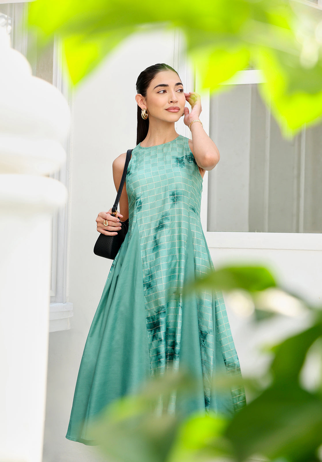 Green Polyblend Asymmetric Kurta with Trousers