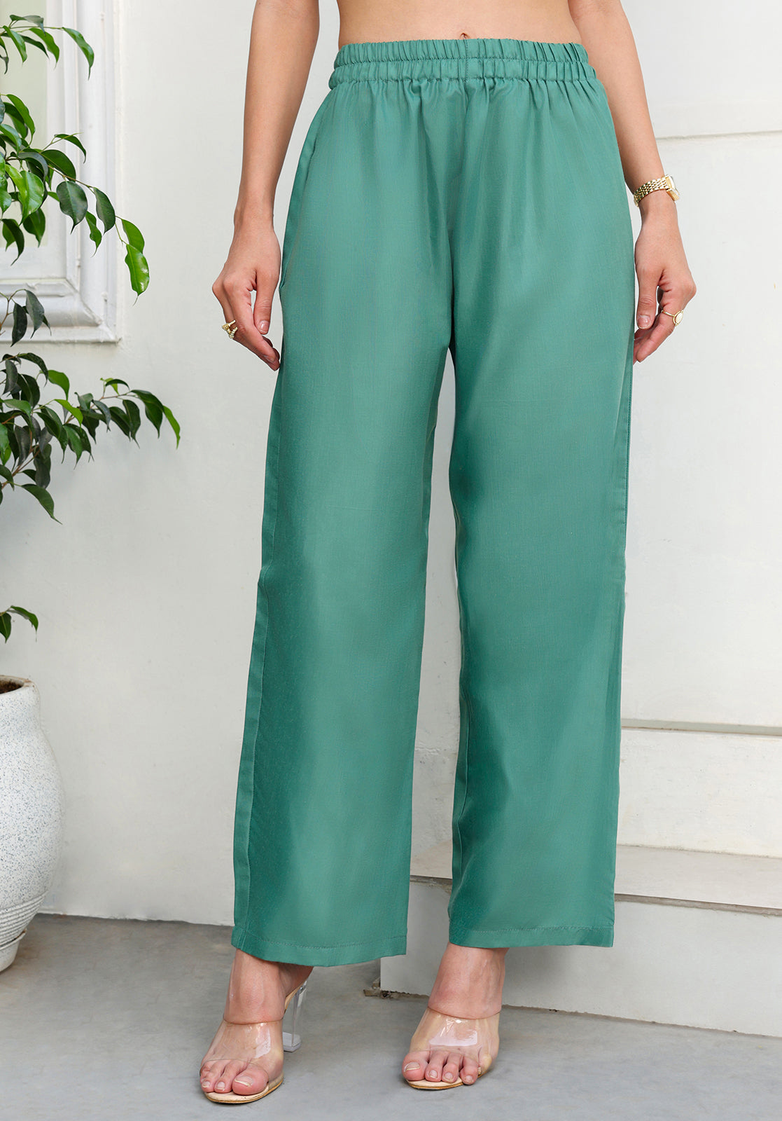 Green Polyblend Asymmetric Kurta with Trousers
