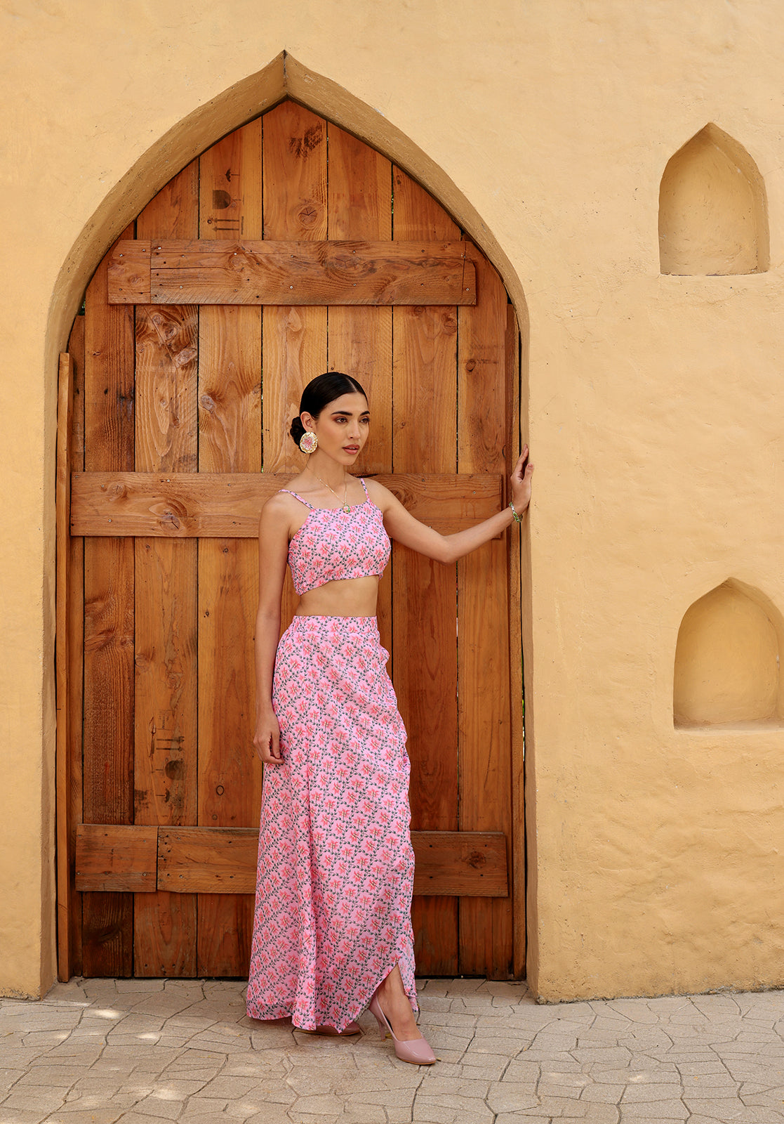 Floral Poly Georgette Square Neck Sleeveless Pink Co-ord Set