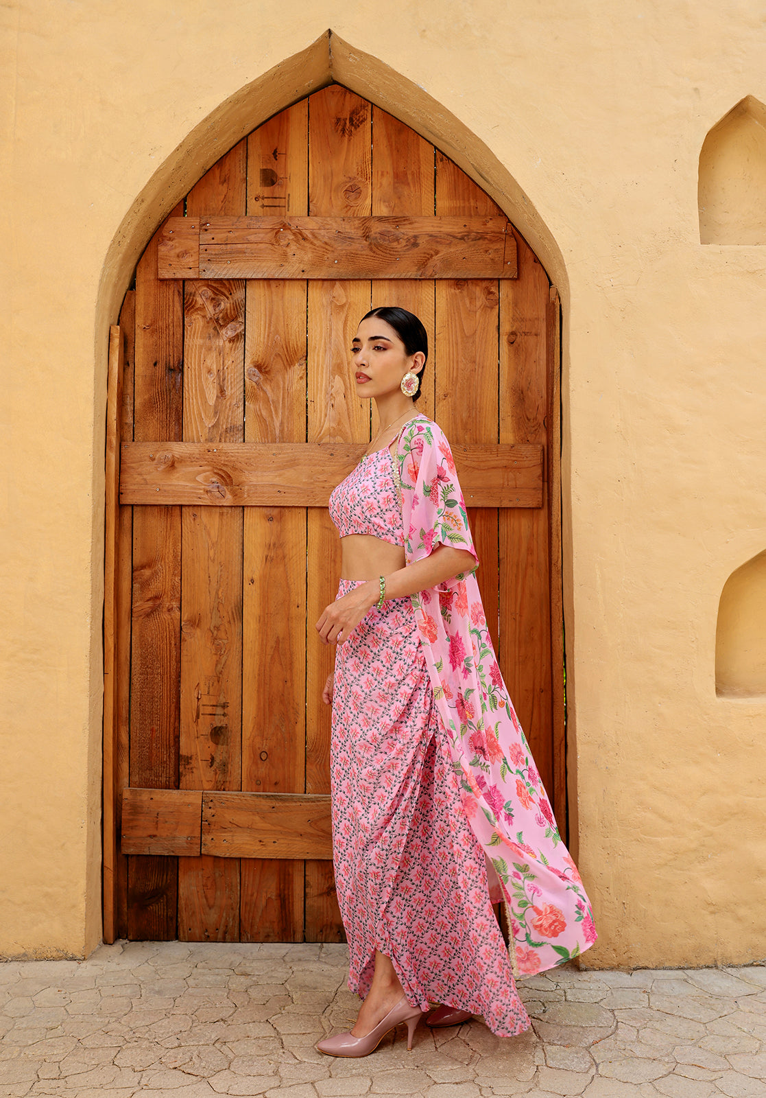 Floral Poly Georgette Square Neck Sleeveless Pink Co-ord Set