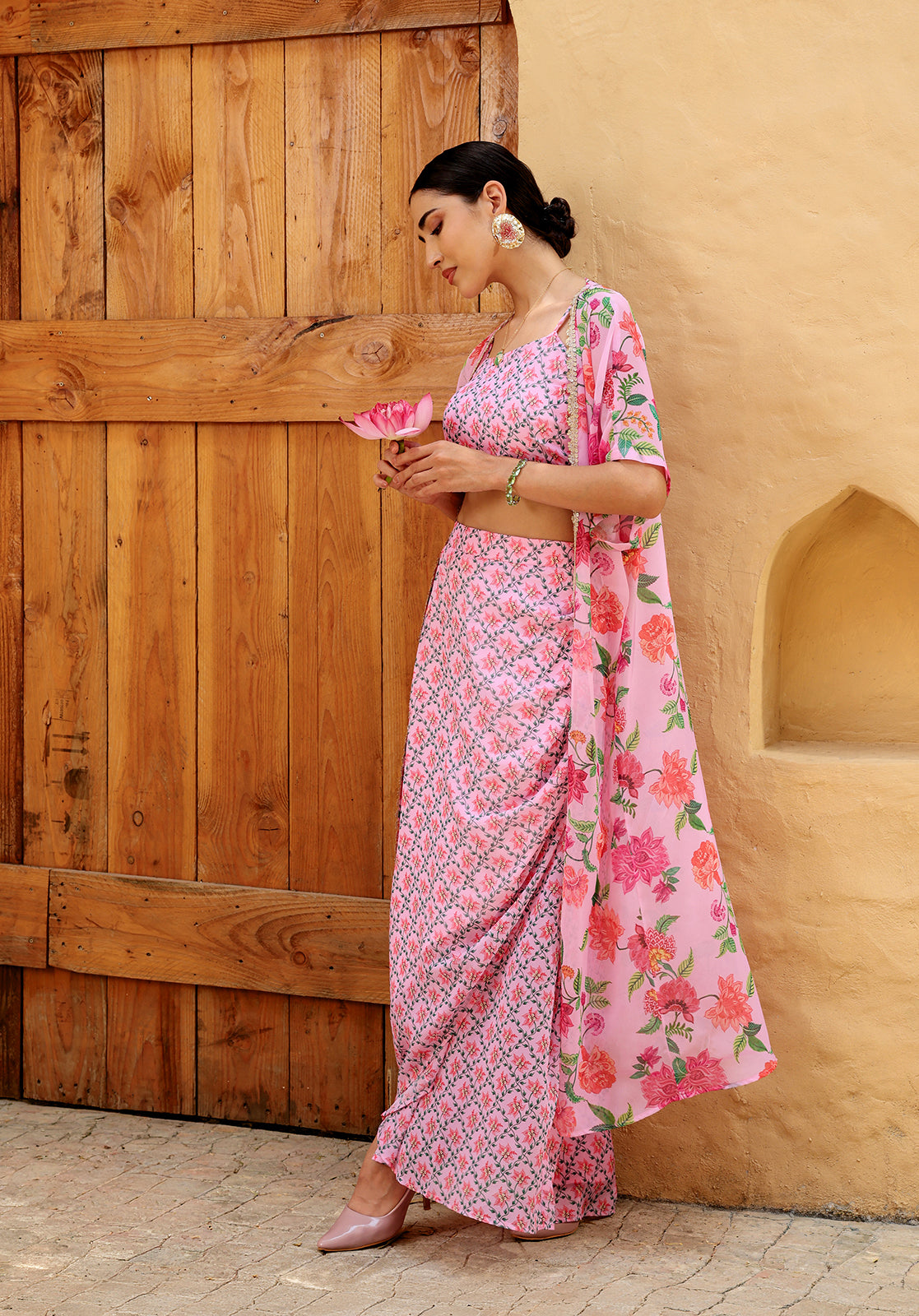 Floral Poly Georgette Square Neck Sleeveless Pink Co-ord Set
