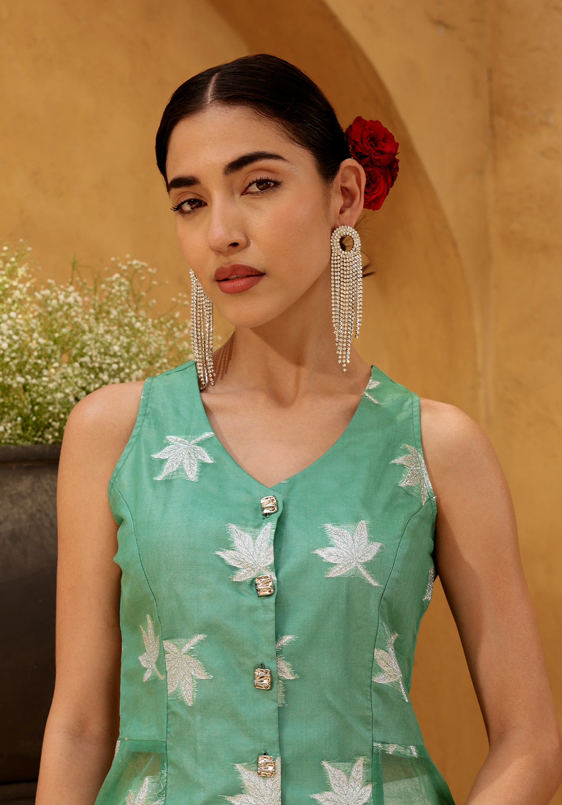 Embroidered Sleeveless V-Neck Woven Green Co-ord Set