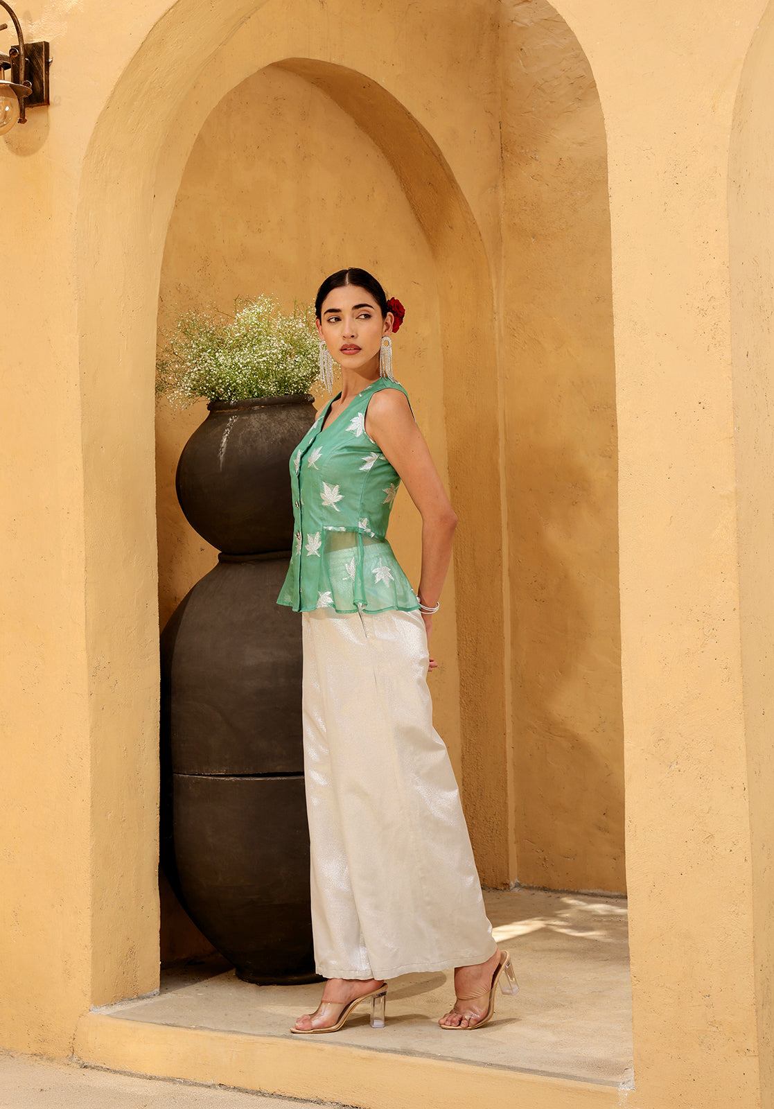 Embroidered Sleeveless V-Neck Woven Green Co-ord Set