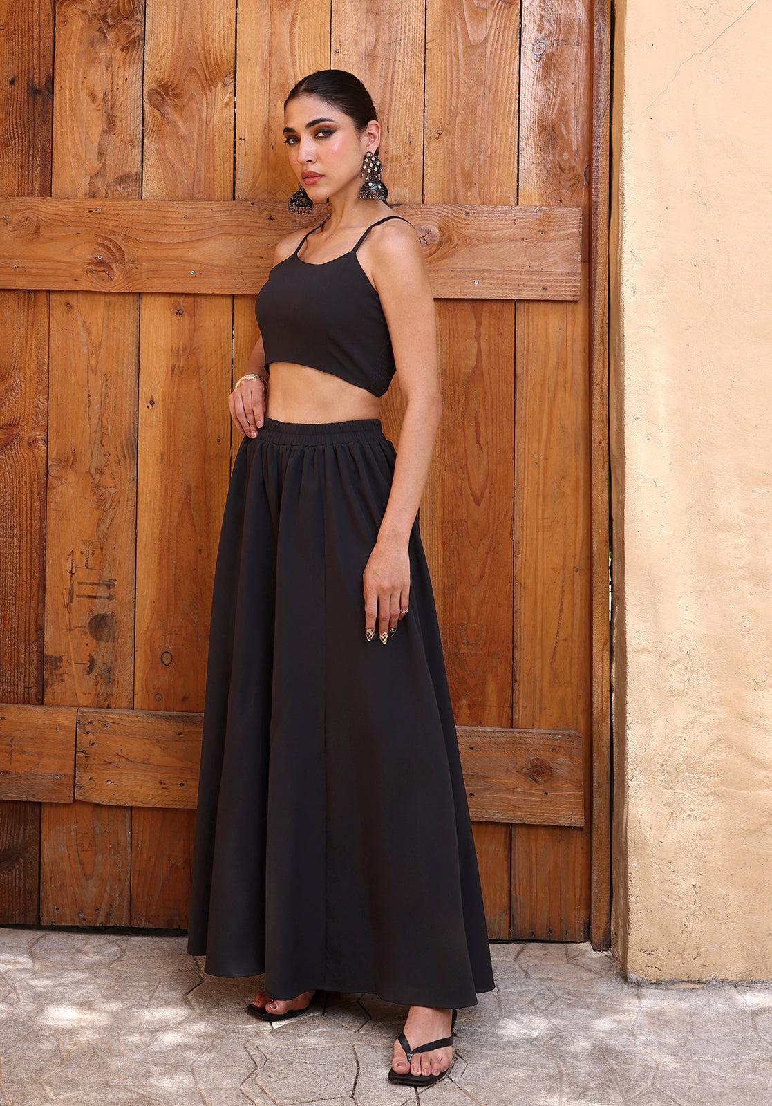 Self-Design Sleeveless Boat Neck Palazzo Black Co-ord Set