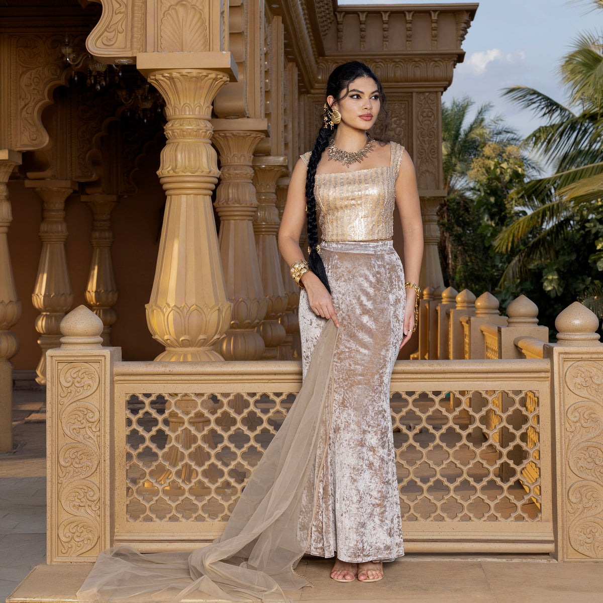 Velvet lehenga with sequin top and dupatta