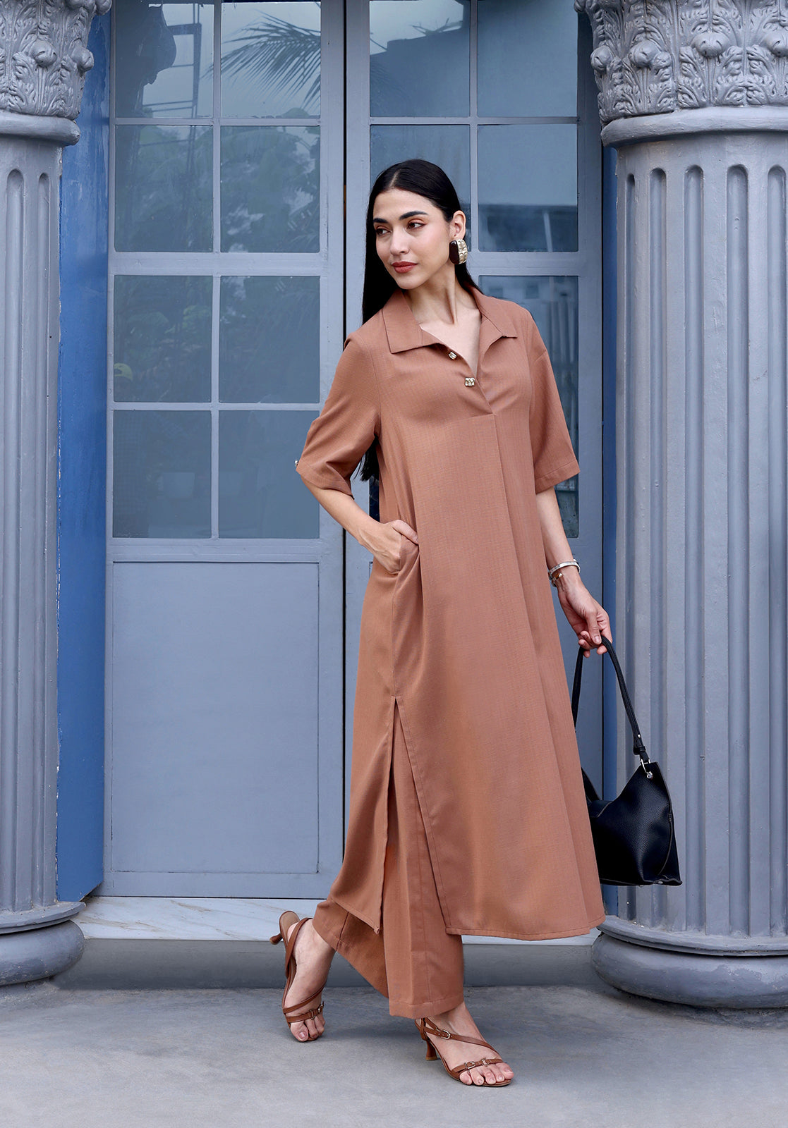 Brown Polyblend Kurta & Trouser Set