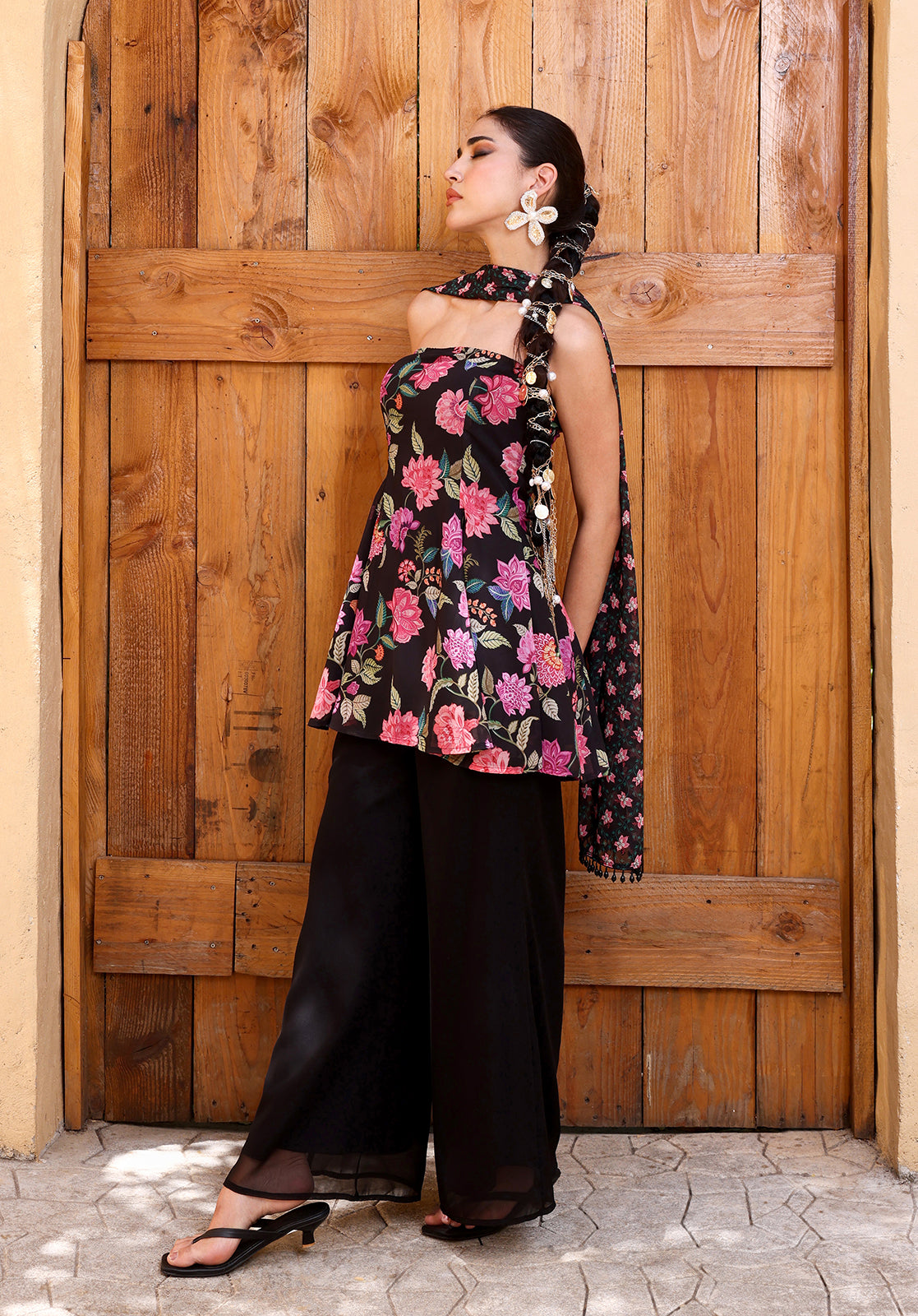 Floral Georgette Strapless Palazzo Black Co-ord Set