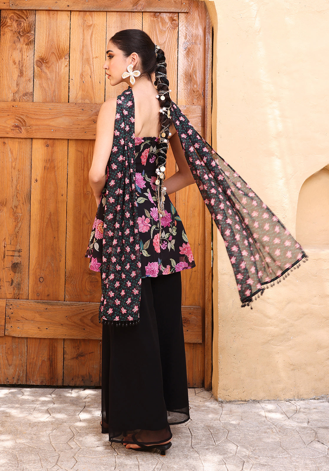 Floral Georgette Strapless Palazzo Black Co-ord Set