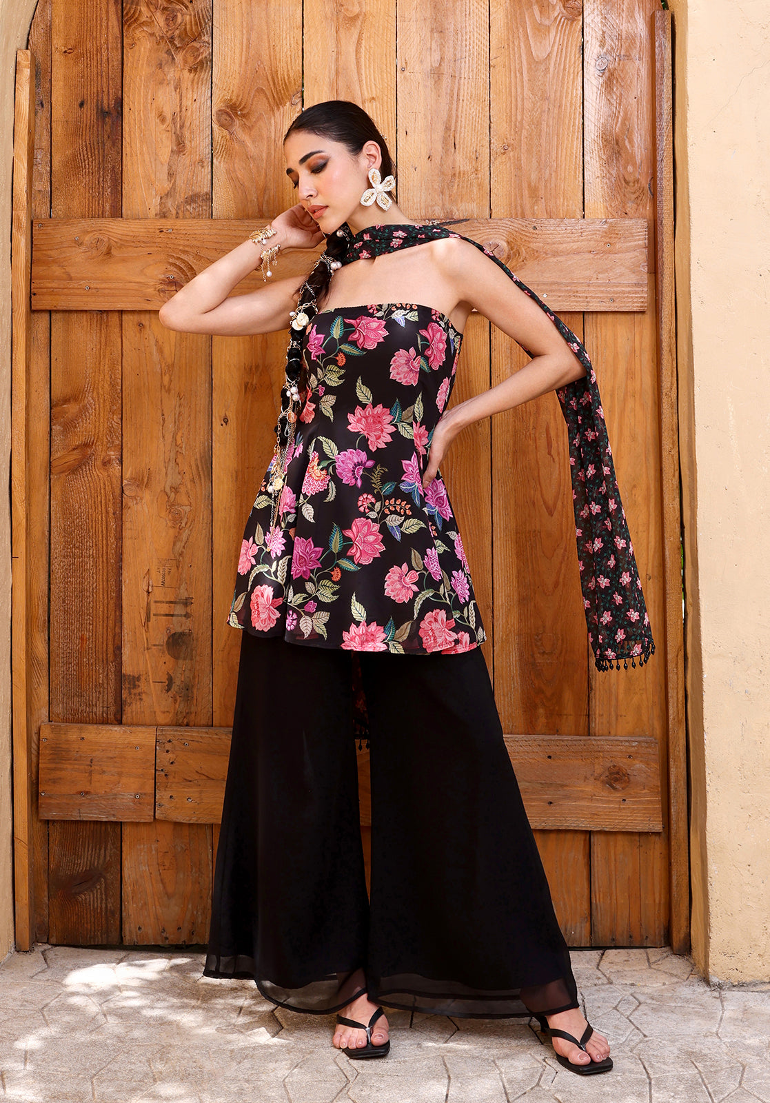 Floral Georgette Strapless Palazzo Black Co-ord Set