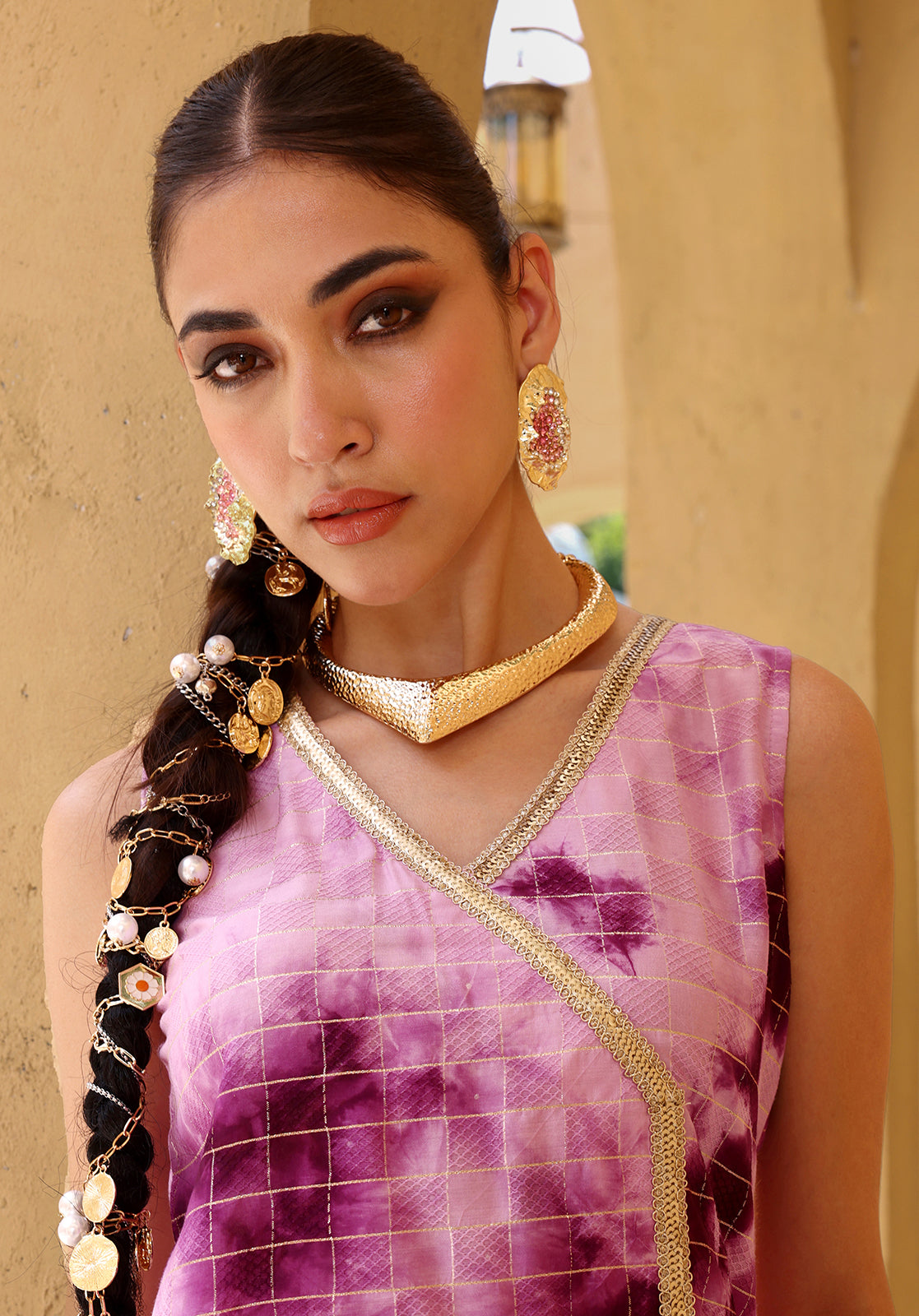 Tie & Dye Polyester-Blend Sleeveless V-Neck Purple Co-ord Set