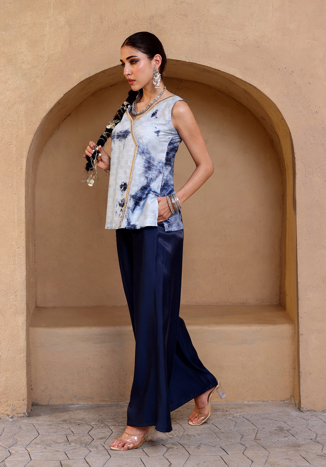 Tie and Dye Polysilk Sleeveless V-Neck Light Blue Co-ord Set