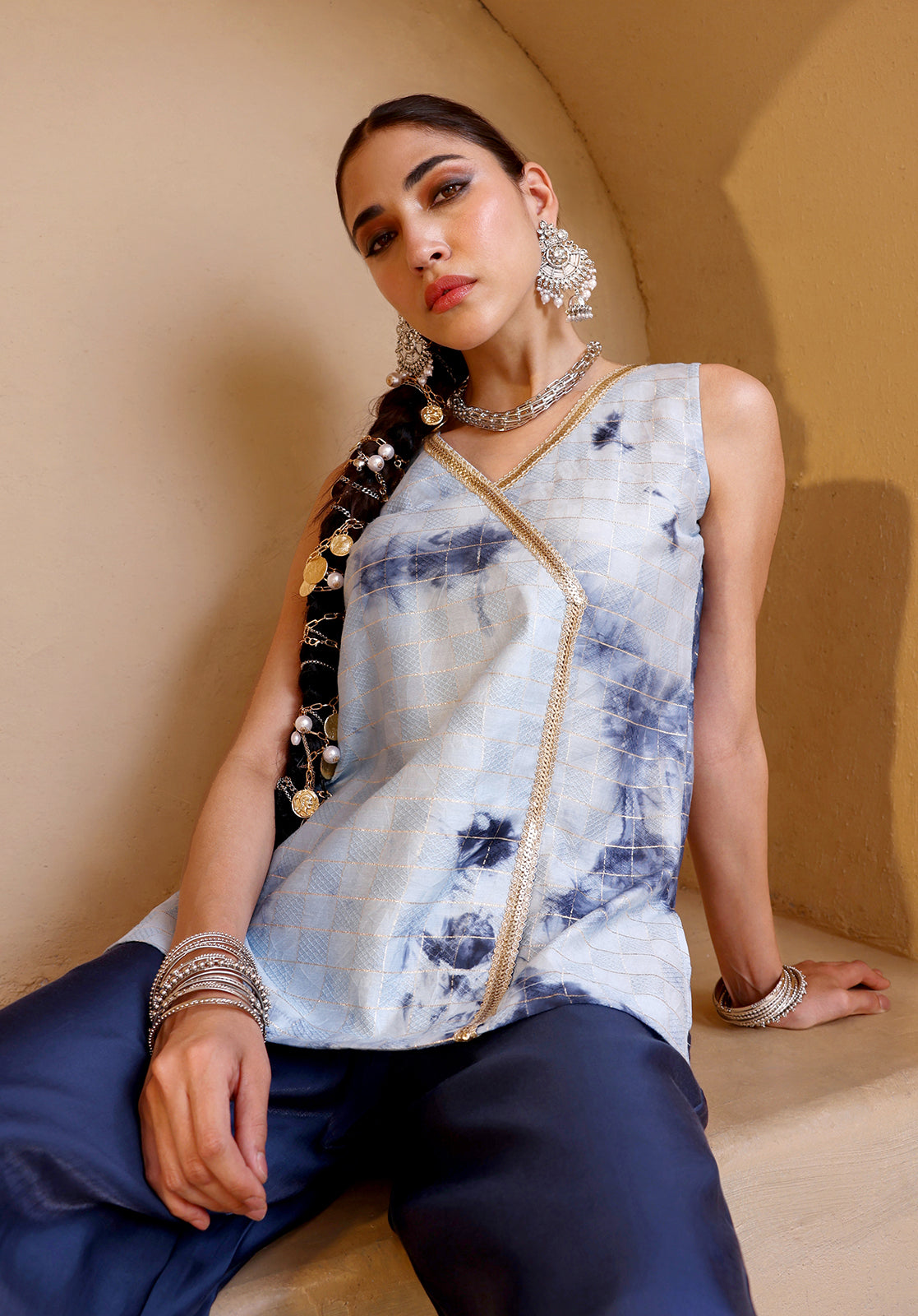 Tie and Dye Polysilk Sleeveless V-Neck Light Blue Co-ord Set