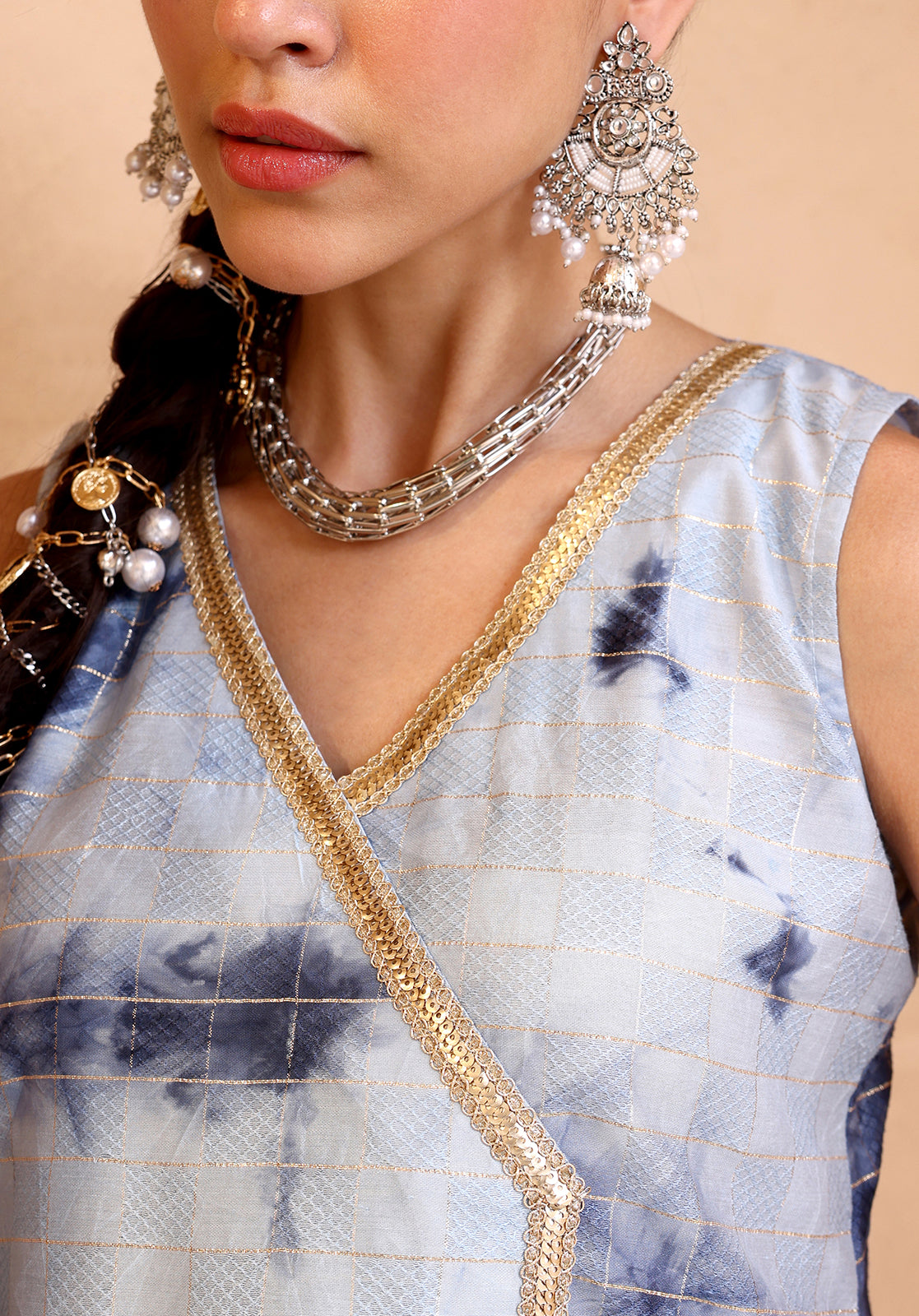 Tie and Dye Polysilk Sleeveless V-Neck Light Blue Co-ord Set