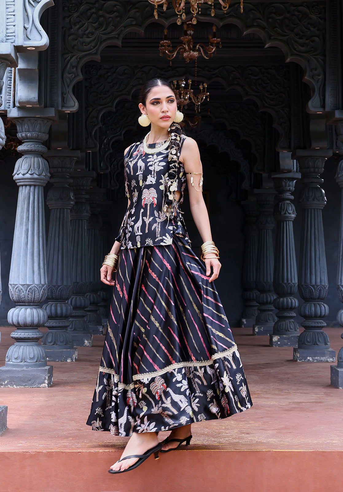 Black Poly Satin Top & Skirt Set