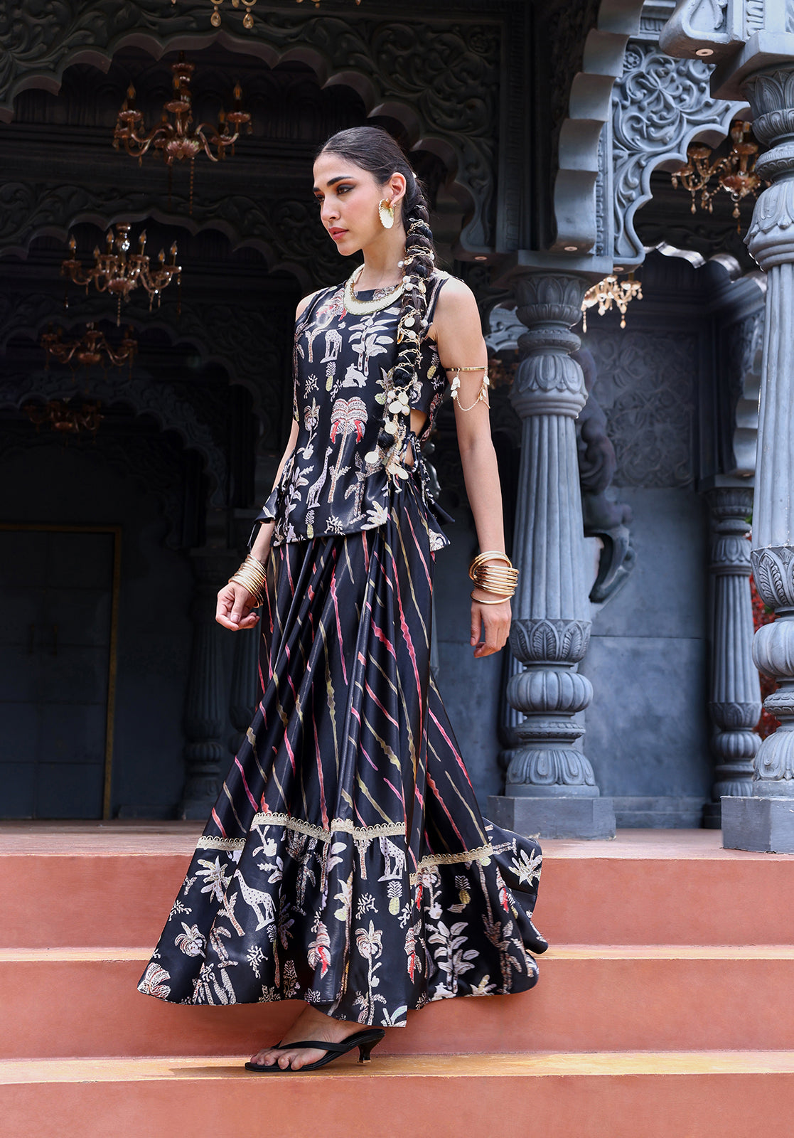 Black Poly Satin Top & Skirt Set