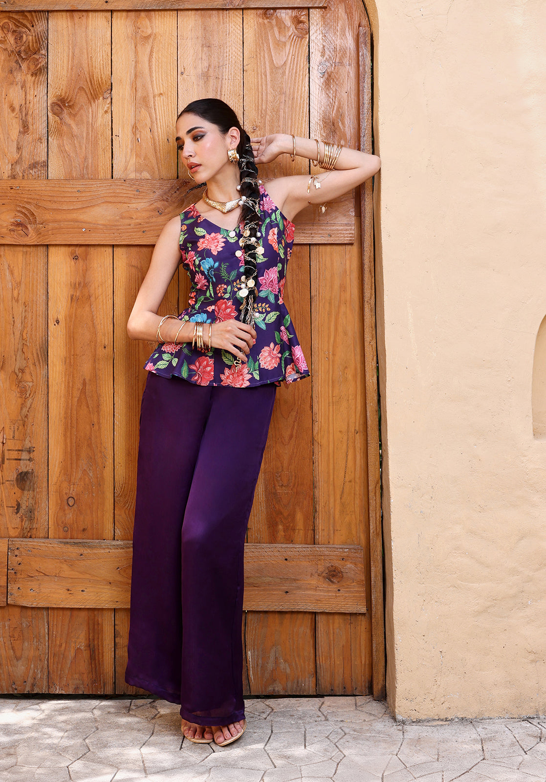 Floral Sleeveless V-Neck Muslin Purple Co-ord Set