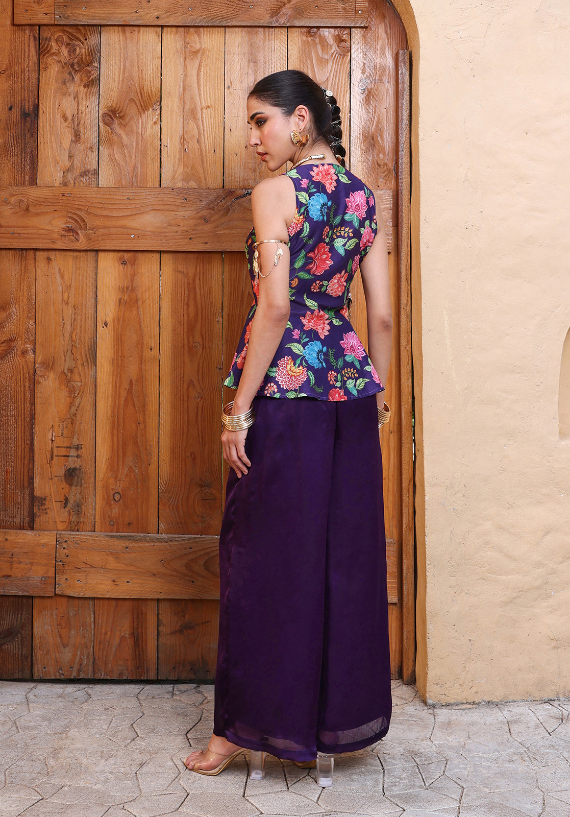 Floral Sleeveless V-Neck Muslin Purple Co-ord Set