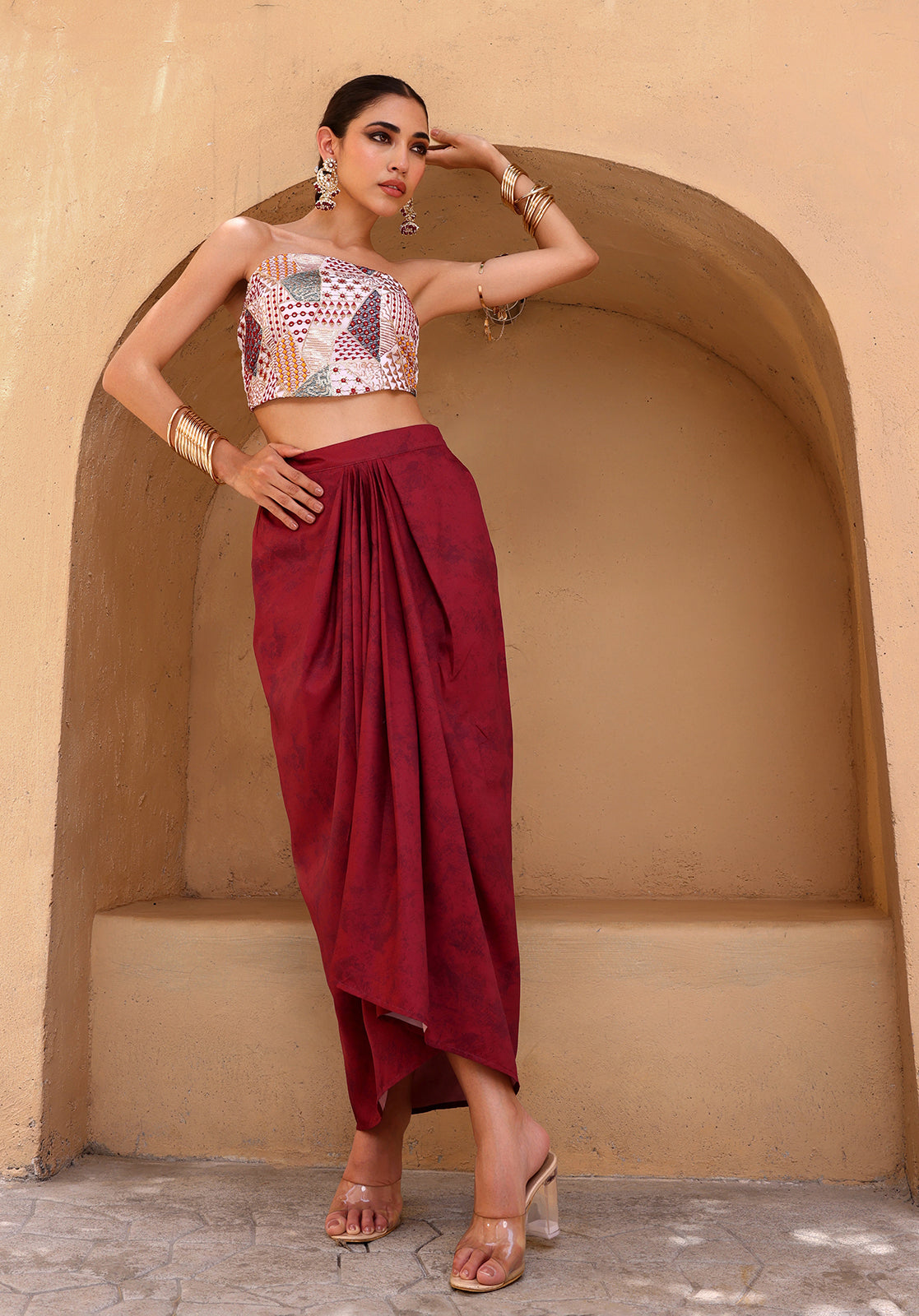 Embellished Georgette Strapless Sleeveless Maroon Co-ord Set