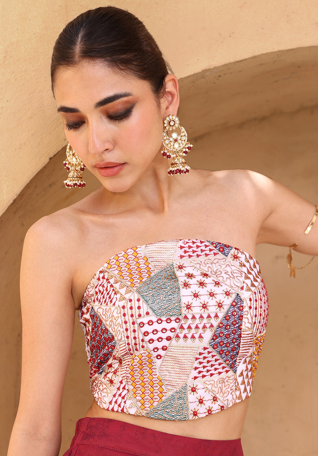 Embellished Georgette Strapless Sleeveless Maroon Co-ord Set