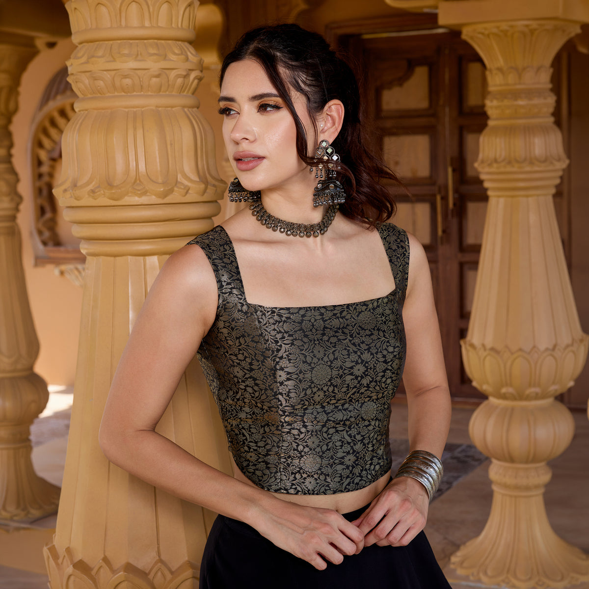 Sleeveless Brocade top with Asymetrical Skirt