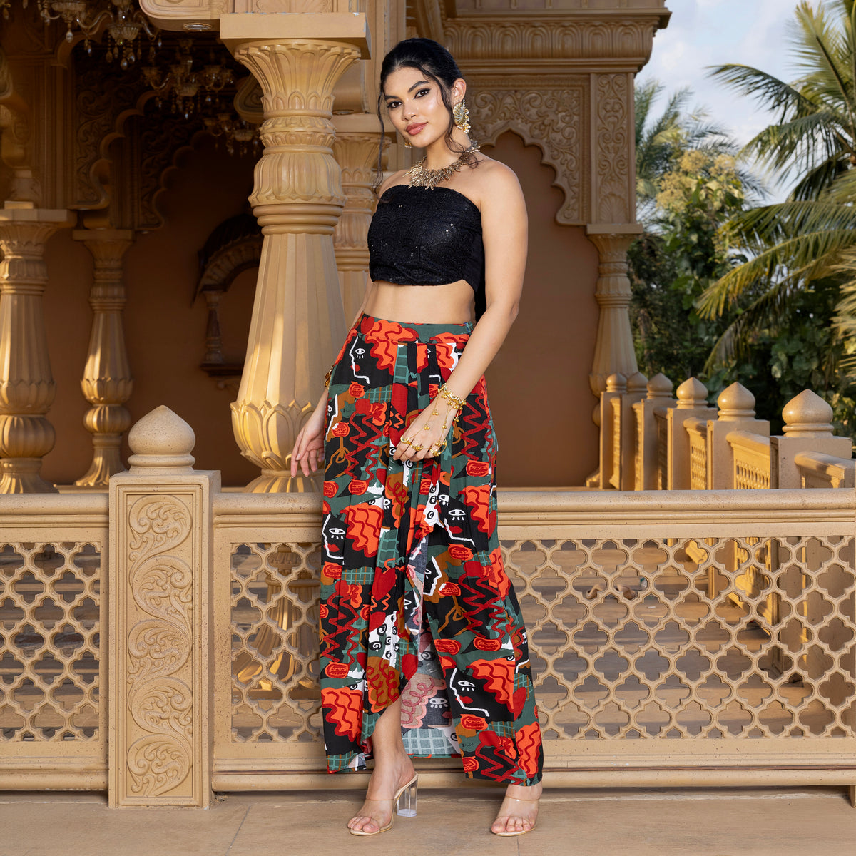 Off Shoulder Coord Set With Printed Skirt