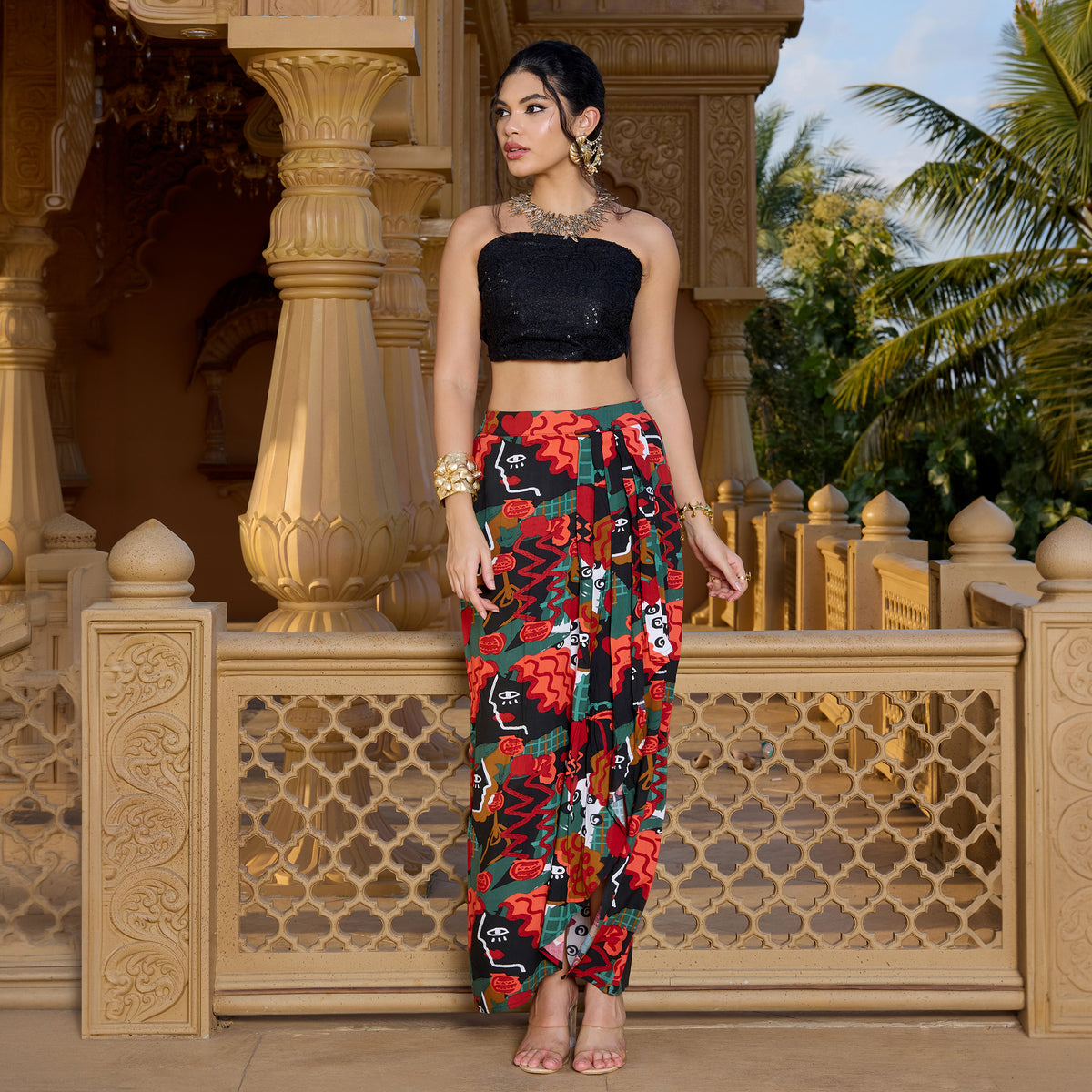Off Shoulder Coord Set With Printed Skirt