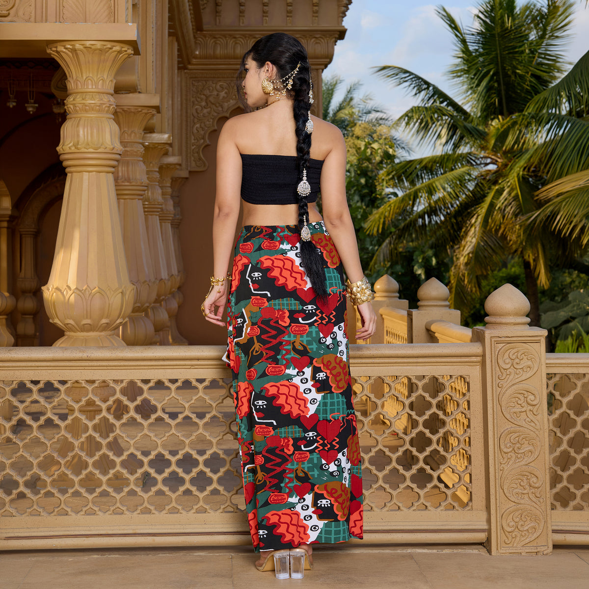 Off Shoulder Coord Set With Printed Skirt