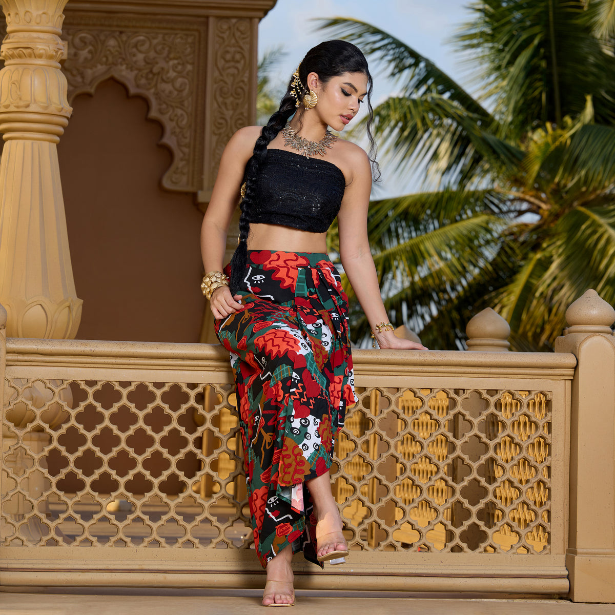 Off Shoulder Coord Set With Printed Skirt