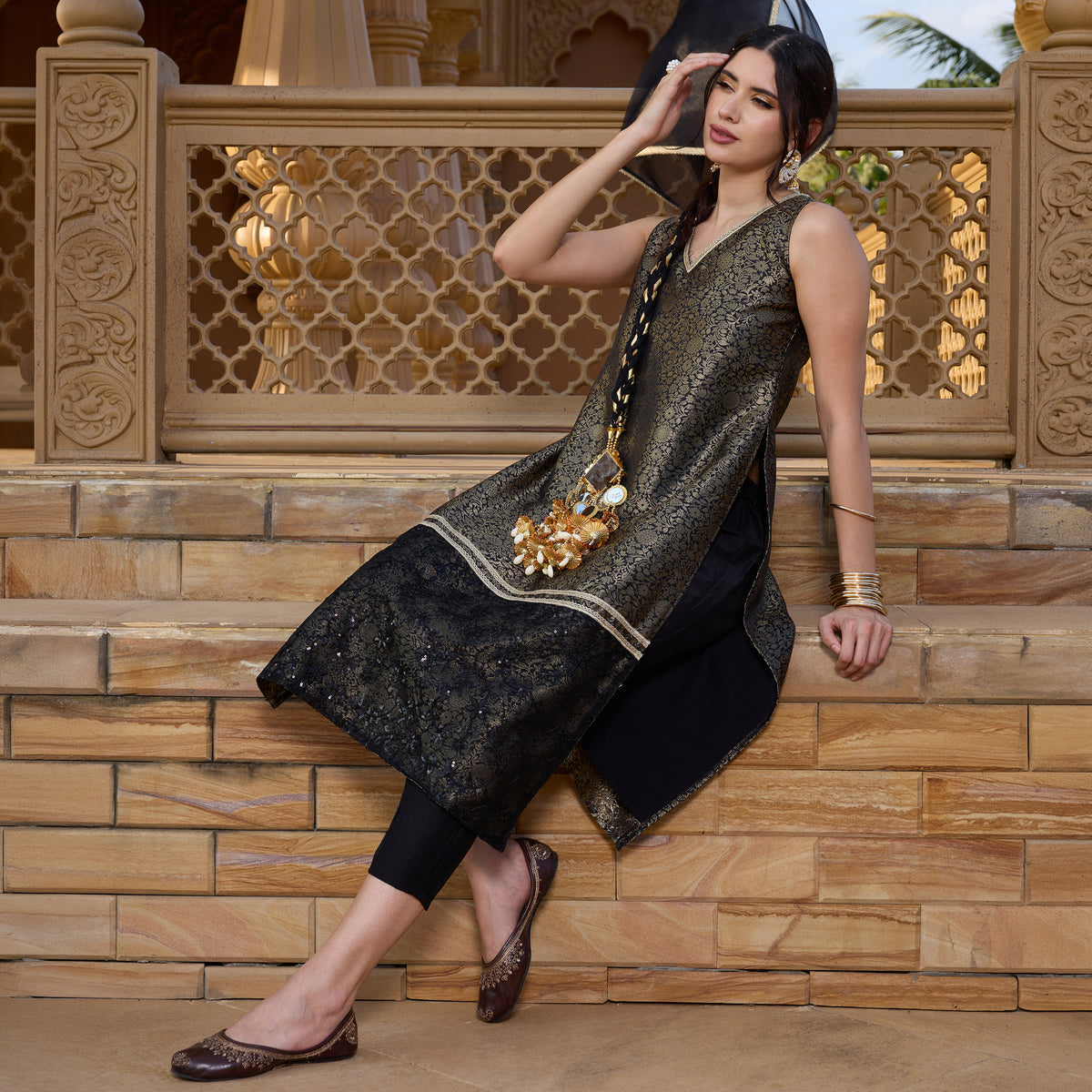 Brocade kurta with trousers and dupatta