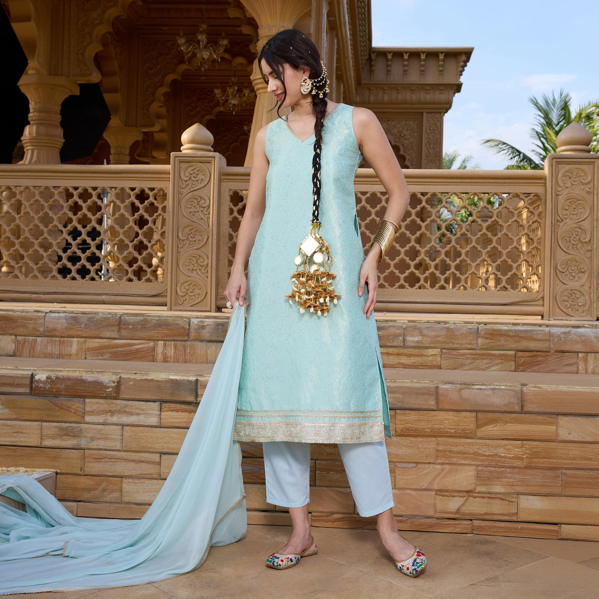 Brocade kurta with trousers and dupatta
