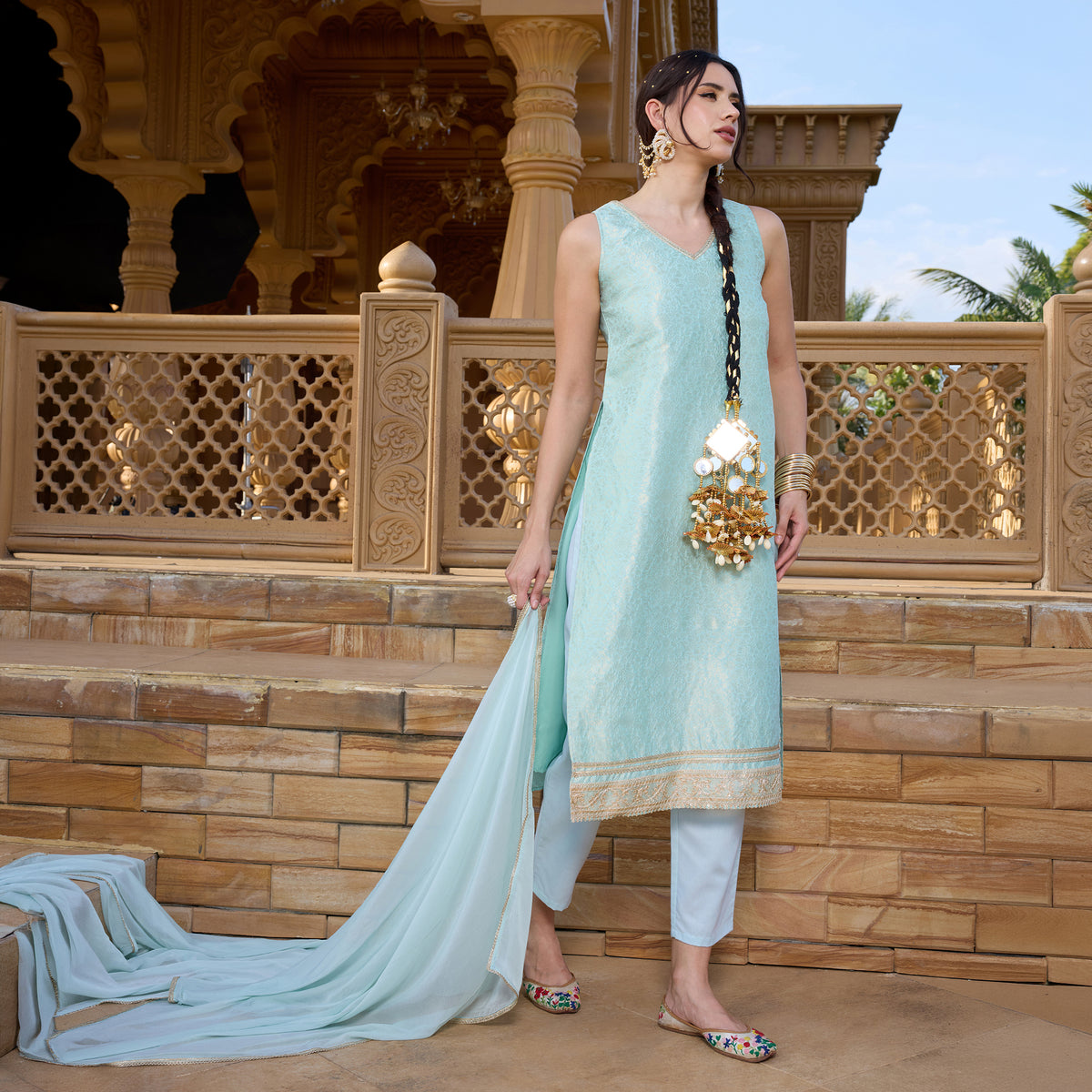 Brocade kurta with trousers and dupatta