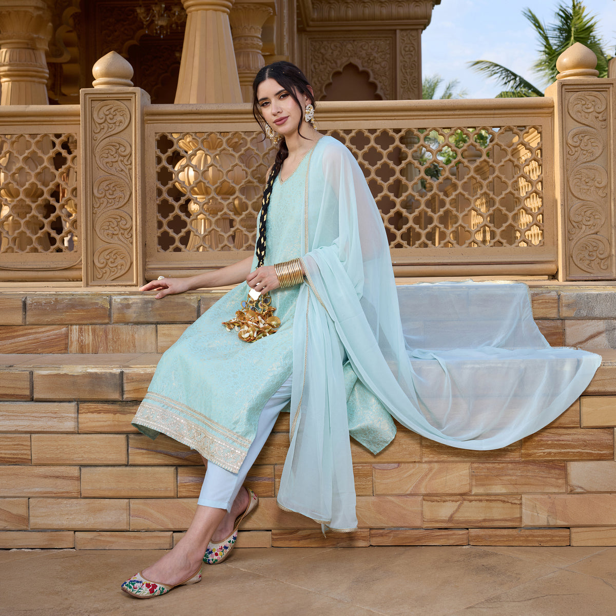 Brocade kurta with trousers and dupatta